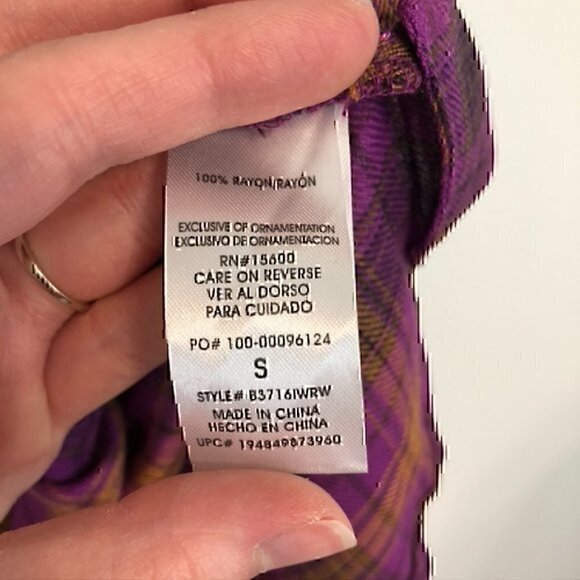 NEW NWT DEMOCRACY Long Sleeve Ruffle Neckband Plaid Button Down Shirt Purple S - Picture 10 of 13